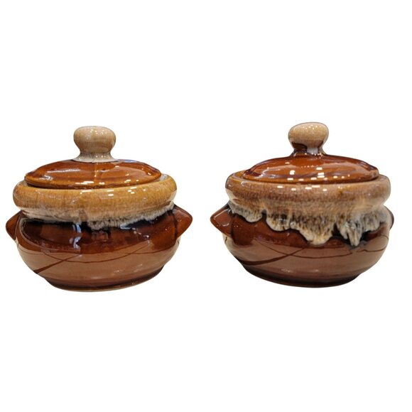 Vintage Brown Glazed Ceramic Soup Bowls With Lids - Handcrafted Drip Design - Picture 4 of 7
